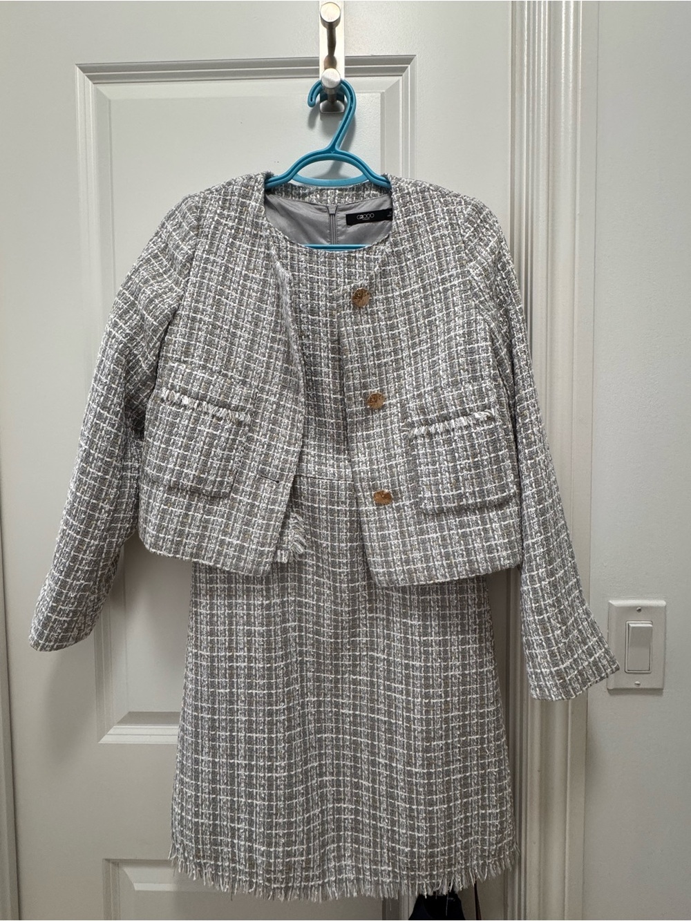 Marshalls Gray and White Tweed Skirt Suit with Gold Buttons